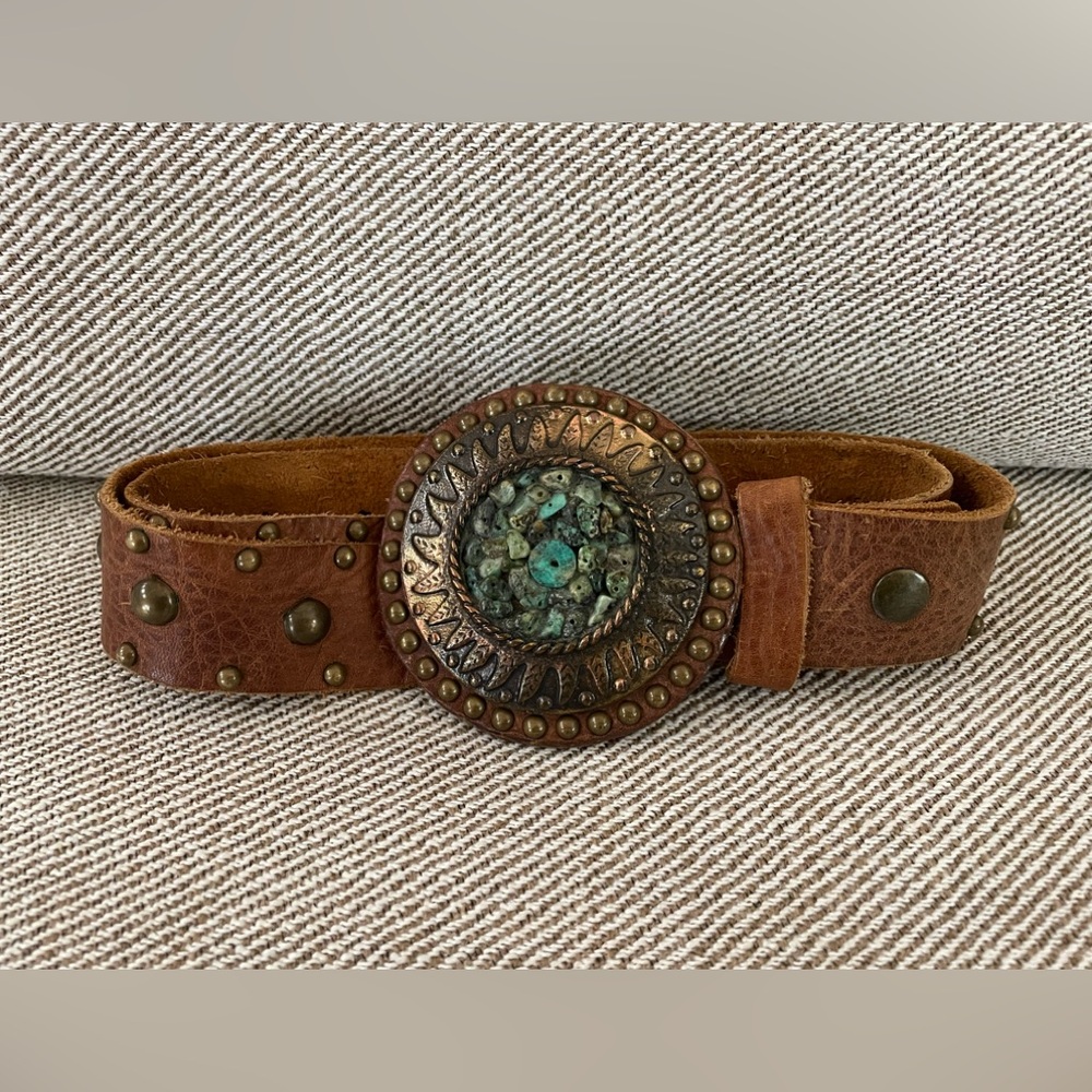 Gorgeous turquoise buckle, brass studs belt